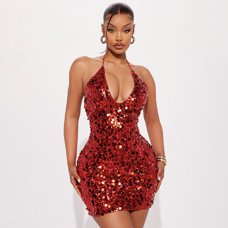 Elegant Sleeveless Wrap Dress With Glitter Sequins – Bodycon Mini, Halter Neckline, Milk Silk Fabric, S-L (Red/Black, Party & Evening Wear)​