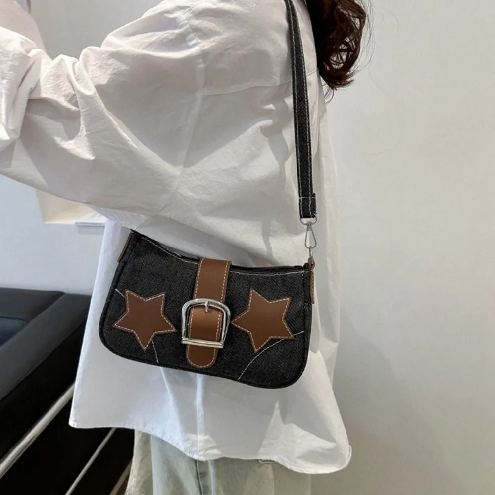 Borsa a tracolla minimalista con cerniera a forma di stella in PU Haruku Y2k, stile coreano, in denim, per ragazze_voghion.com