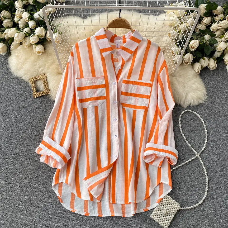 Women's Korean Style Casual Loose Top Summer Spring Autumn New Mid-Length Vertical Stripe Multicolor Shirt Jacket _voghion.com
