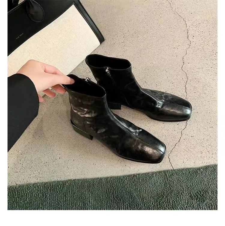 Genuine Leather Heels Thick Soles Square Toe Women Short Zippered Design Casual Fashion Versatile Slim Boots 4.5CM_voghion.com