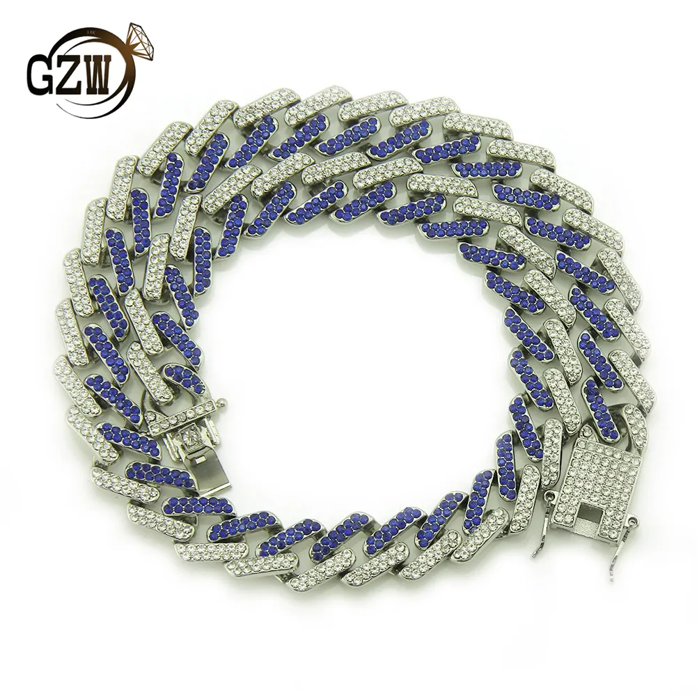 Collana con catena a maglie cubane rossa e blu con diamanti, personalizzata Hip Hop Bling da 13 mm e 10 colori, per uomo, Miami Rapper Bijoux_voghion.com