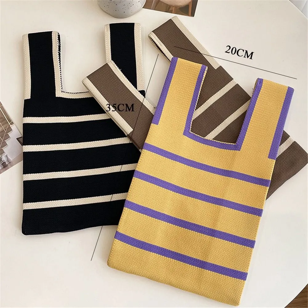 1PC Women Mini Handbag Handmade Knit Knot Wrist Japanese Color Wide Stripe Plaid Tote Bag Student Reusable Shopping Bags_voghion.com