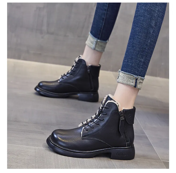 Genuine Leather Round Toe Motorcycle Plush Insulation and Thick Soled Short Boots with British Style Versatility_voghion.com