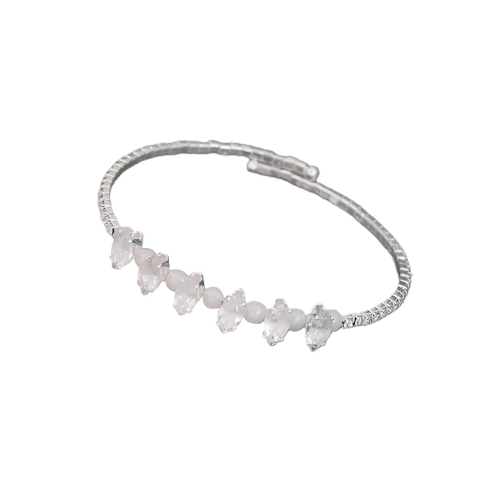 Rhinestone Pearl Bangle Bracelet Adjustable Open Cuff For Women_voghion.com