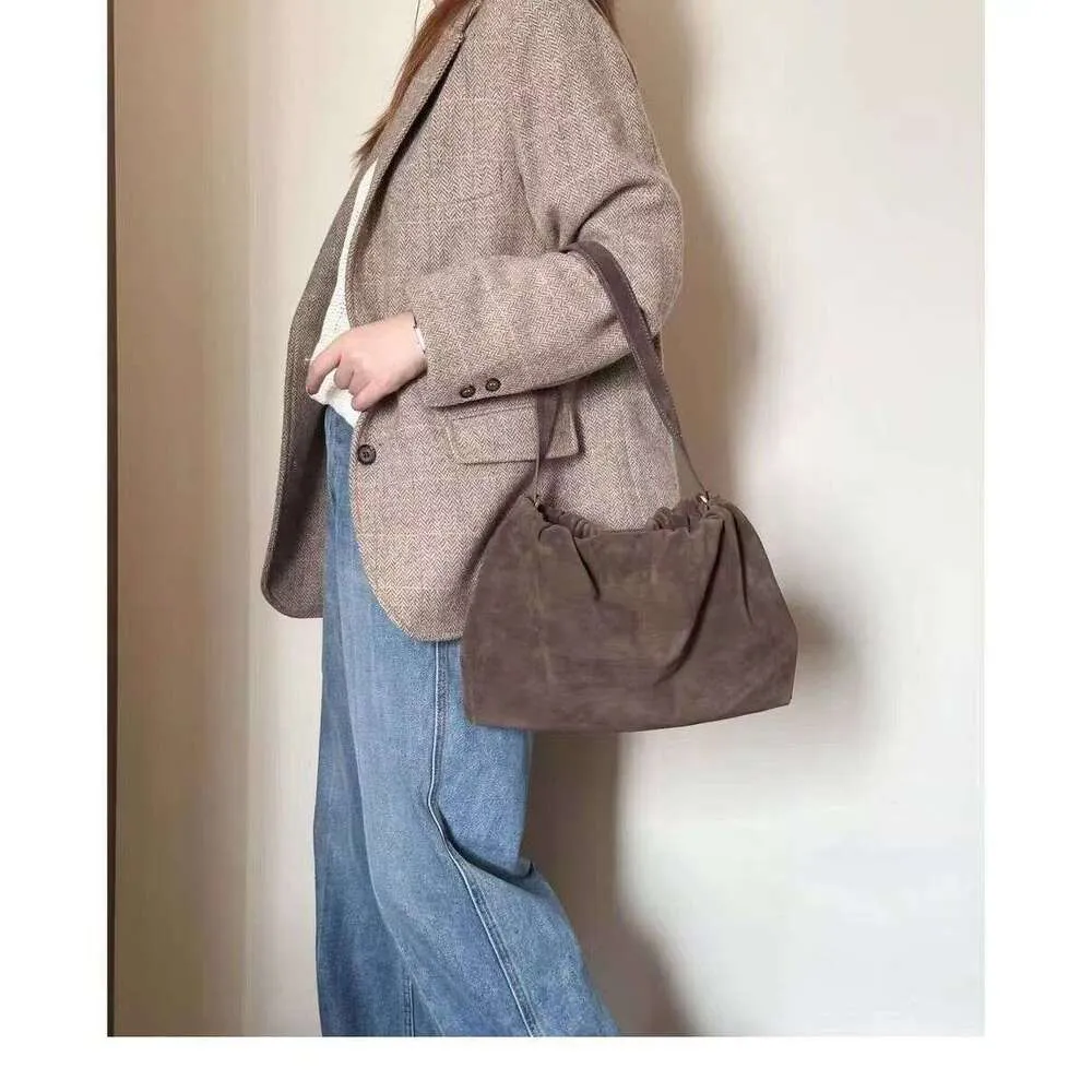 Borsa a tracolla da donna in pelle scamosciata opaca con 2 cinturini, in pelle di mucca scamosciata, stile coreano, con arricciature, color caffè kakhi_voghion.com