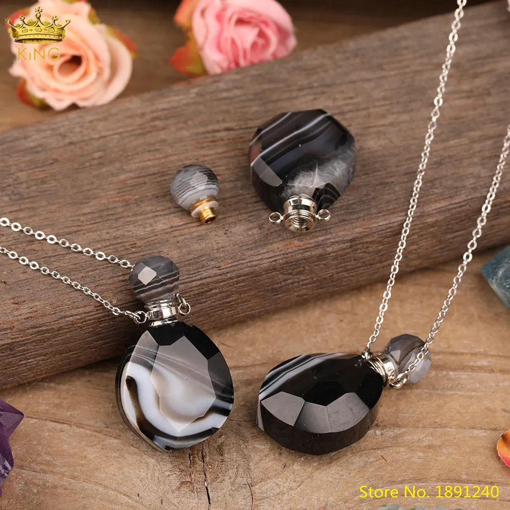 Collares colgantes con piedra de ágata negra natural facetada, botella de perfume para mujer, collar difusor de aceite esencial de ónix dorado_voghion.com