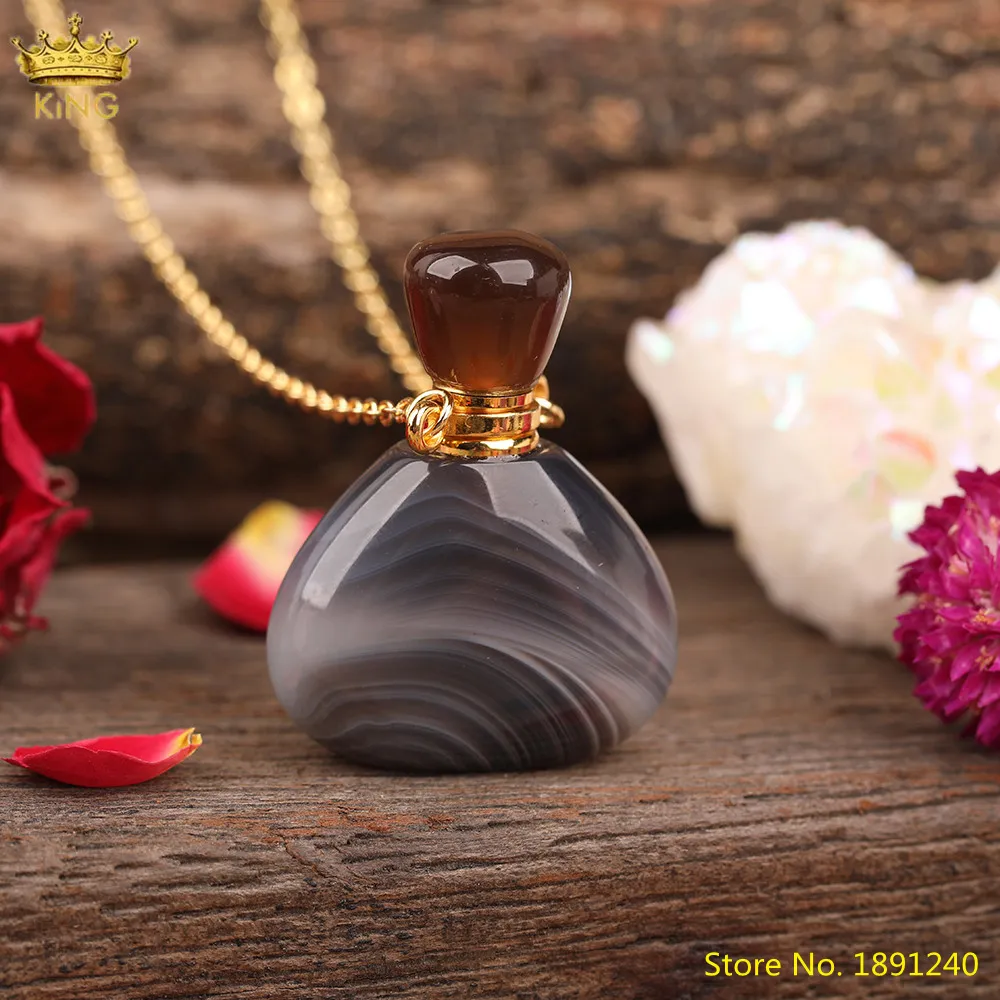 Collares colgantes con piedra de ágata negra natural facetada, botella de perfume para mujer, collar difusor de aceite esencial de ónix dorado_voghion.com