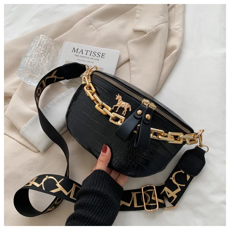 Thick Chain Women's Waist Fanny Pack Fashion Crossbody Chest Bags Female Belt Crocodile Shoulder Bag_voghion.com