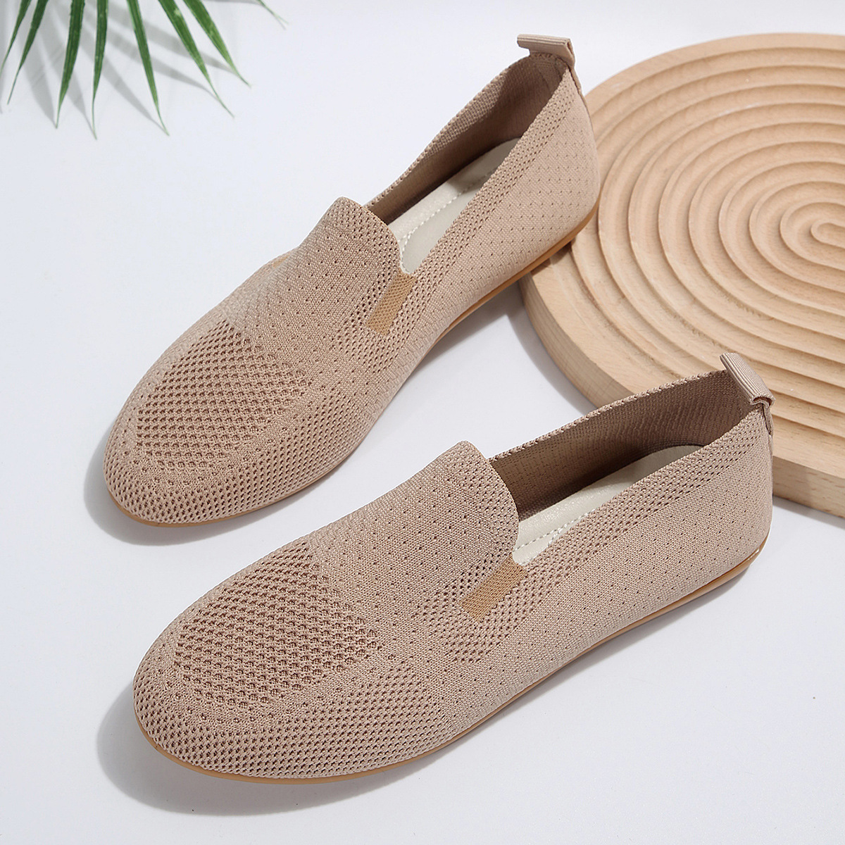 Damenmode flacher Mund fliegende Strick-Low-Top-Einzelschuhe Damen neue gestrickte runde Kopf Set Füße faule Müßiggänger_voghion.com