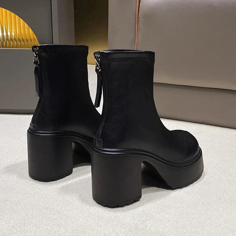 PU Leather Chunky Platform Ankle Women Back Zipper Thick Heeled Short Boots Woman Super High Heels Black Punk Shoes_voghion.com