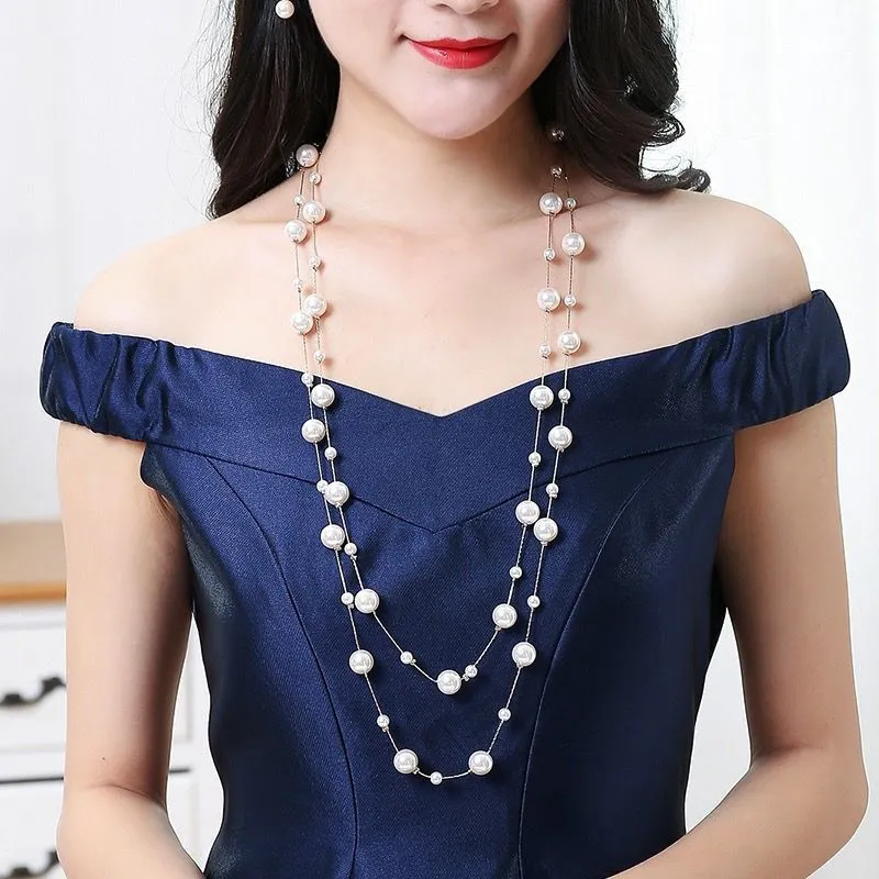 Collana lunga di perle elegante per donna catena stile coreano_voghion.com