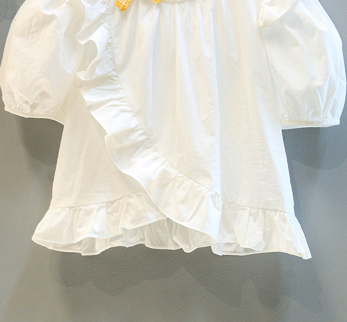 Mamma e bambini estate nuova ragazza vestito camicia con maniche a sbuffo più pantaloncini di jeans in pizzo abito a due pezzi_voghion.com