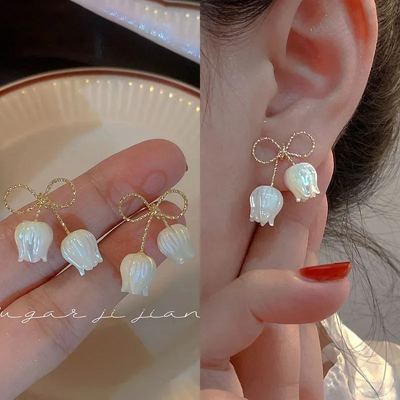 Orecchini a bottone con fiocco bianco alla moda, a forma di tulipano, fritillaria, per donna, accessorio per gioielli, regalo all'ingrosso per ragazza di Natale_voghion.com