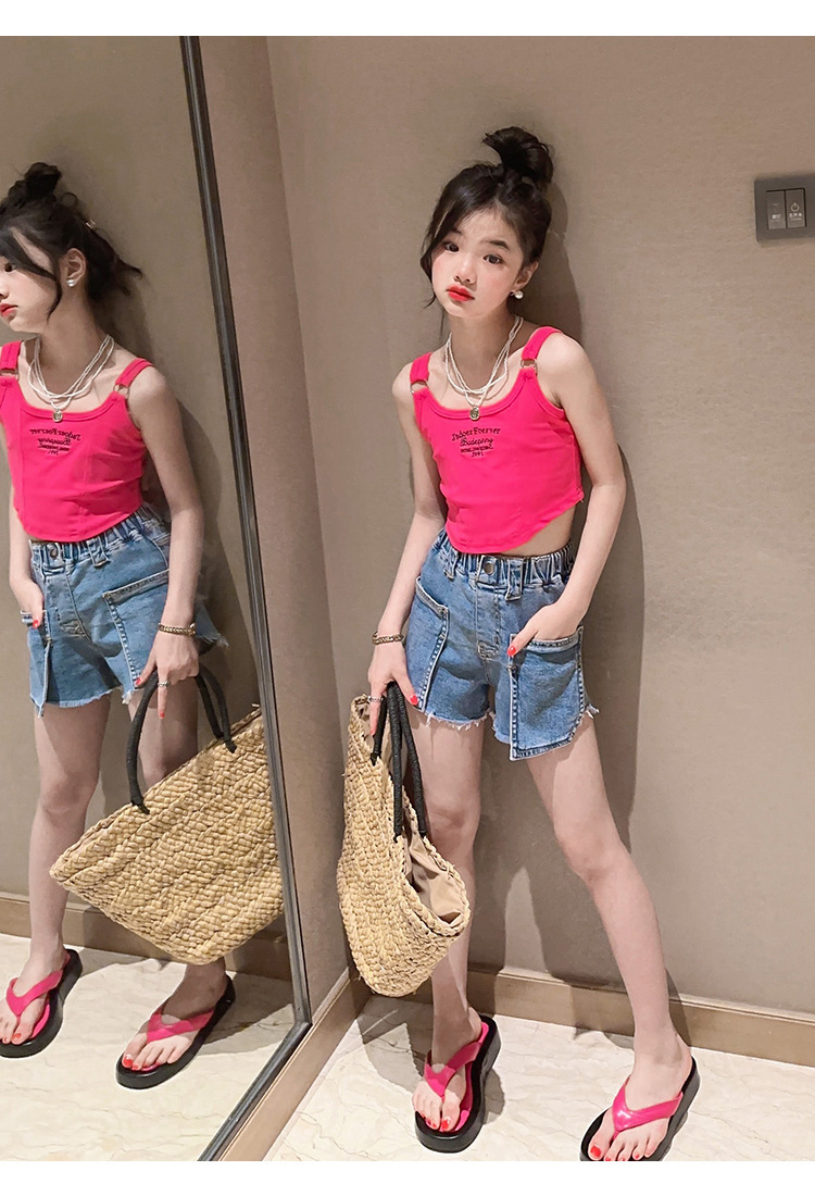 Mutter & Kinder Mädchen sommer chic neckholder-hipster kinder sommer lässig brief denim shorts Spice Girls zwei-stück set_voghion.com