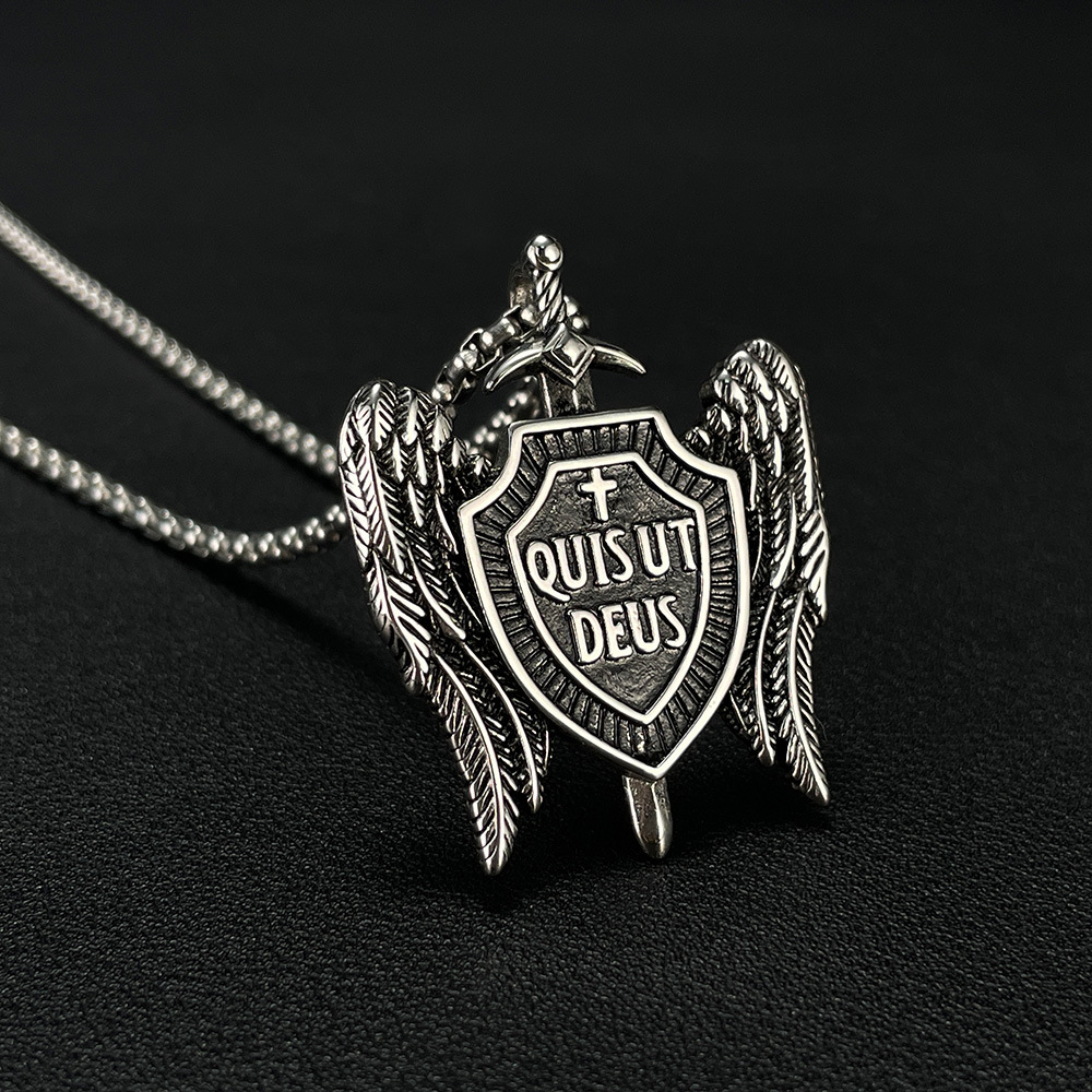 Collana con ciondolo scudo spada angelo ali vento personalità acciaio inossidabile uomo_voghion.com