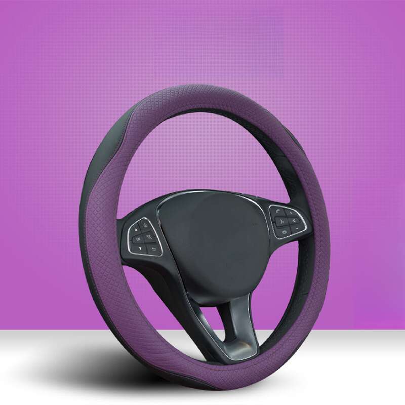 Volante in pelle a doppia aghi con giunture bicolore, coprivolante circolare per auto, coprivolante sportivo minimalista a forma di mulino a vento_voghion.com