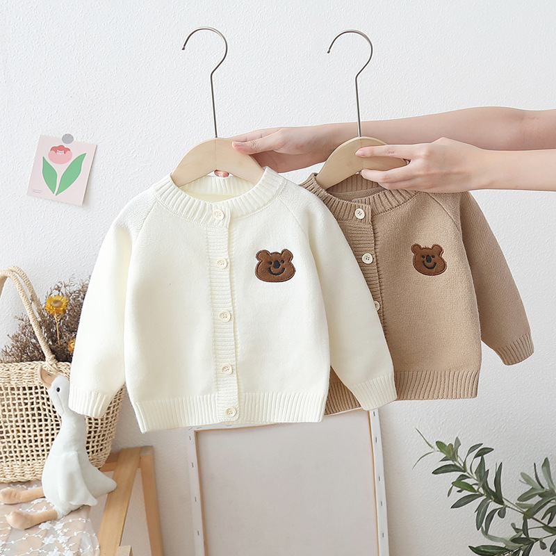 Cartoon Bear Knit Cardigan - Soft Cotton Sweater Coat For Boys & Girls - Lightweight Spring Autumn Layering
