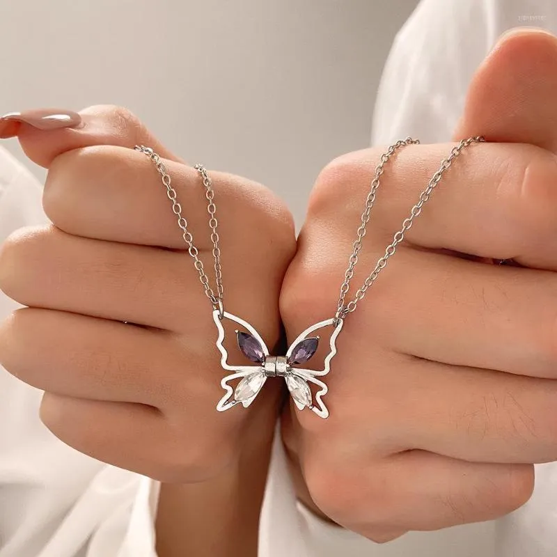 Catene Moda Farfalla Magnetica Coppia Collana Zircone Lucido Ciondolo Clavicola Catena Per Donne Romantica Amicizia_voghion.com