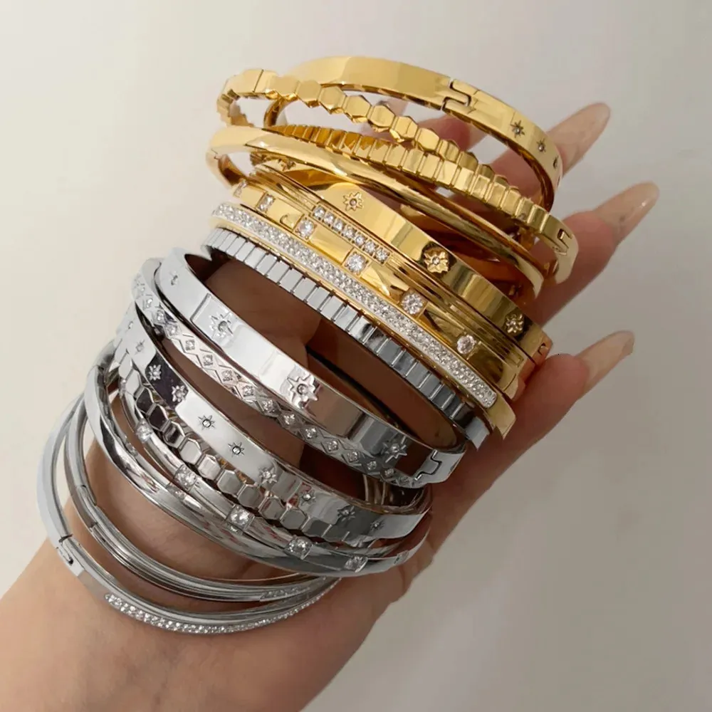 Bangle Bracelet Waterproof White Cubic Zirconia Gold Plated_voghion.com