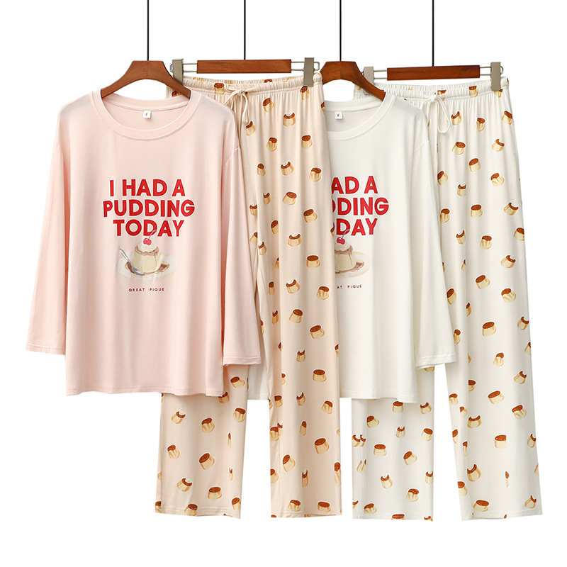 Vêtements pour femmes pyjamas pour femmes printemps et automne modal lettre gâteau imprimé col rond pantalon à manches longues mignon vêtements de maison frais_voghion.com