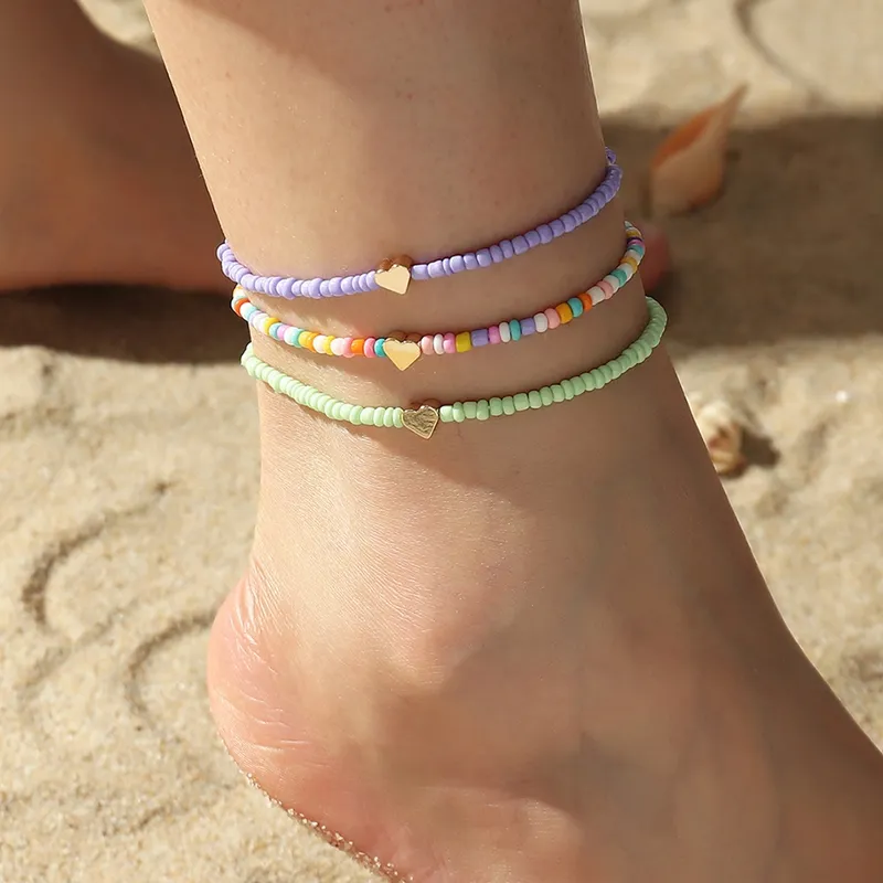 Fußkettchen Herz für Frauen Mädchen Fußschmuck Boho Perlen Urlaub Strand Barfußsandalen Armband am Bein Knöchel Bunt_voghion.com