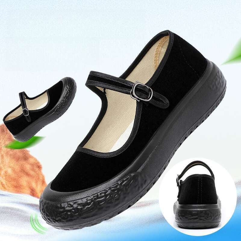 Sapatos de dança cerimonial de hotel com sola grossa feminina, sapatos de mãe, tecido preto_voghion.com