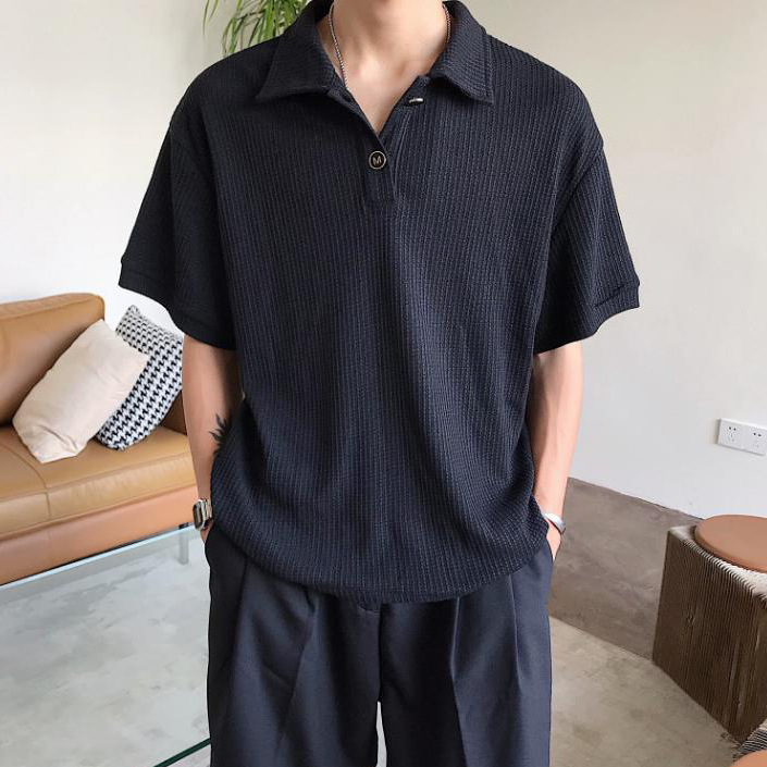 Herren Waffelpiqué Poloshirt Karo Muster Locker Kurzarm Sommer_voghion.com
