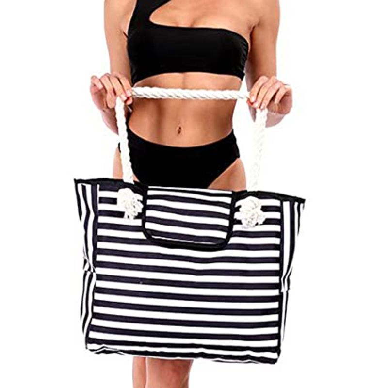 Lässige gestreifte Canvas-Tasche Damen, große Kapazität, Umhängetasche, tägliche Einkaufstasche, Studenten-Büchertasche_voghion.com