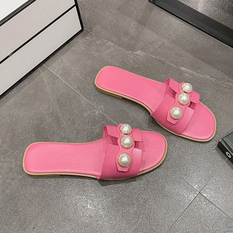 Neu Leder Echtes Flache Designer Perle Bequeme Casual Bottom frauen Schuhe Outdoor Strand Sandalen Indoor Hausschuhe_voghion.com