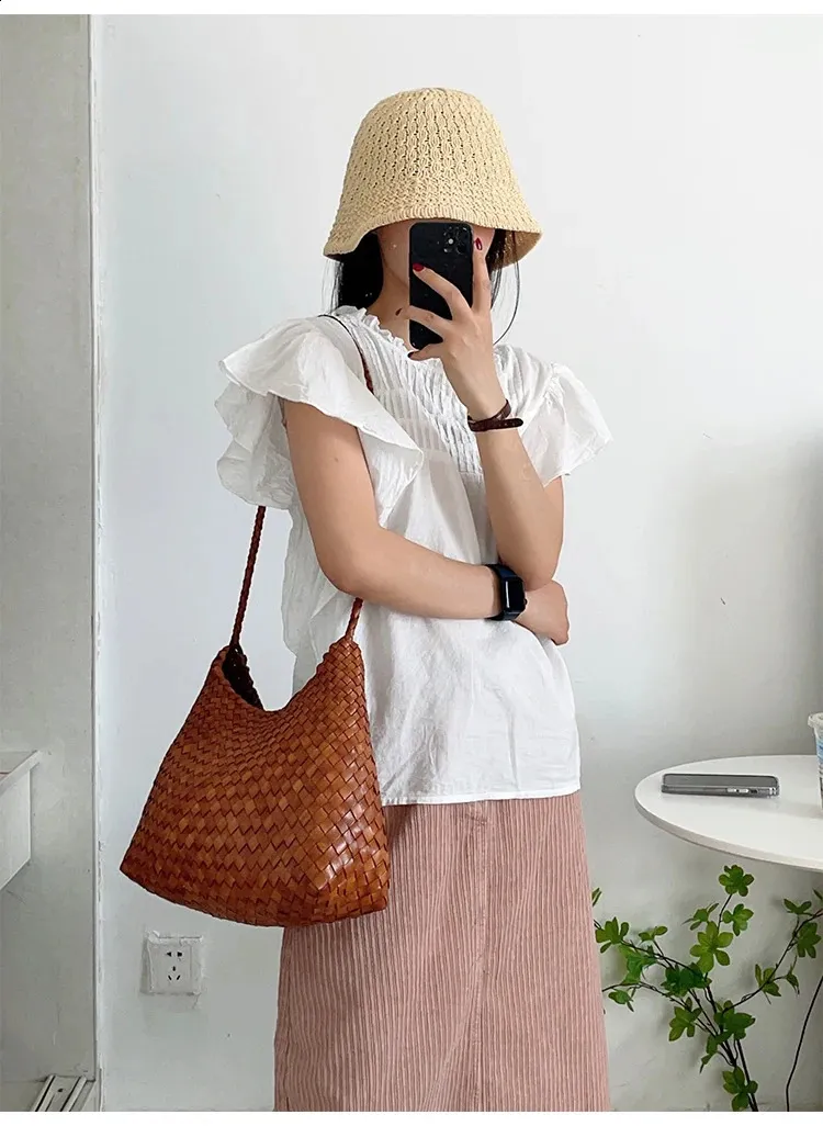drago intrecciato panino strato superiore pelle bovina donna francese cestino fatto a mano vintage pelle borsa a tracolla tracolla grande capacità_voghion.com