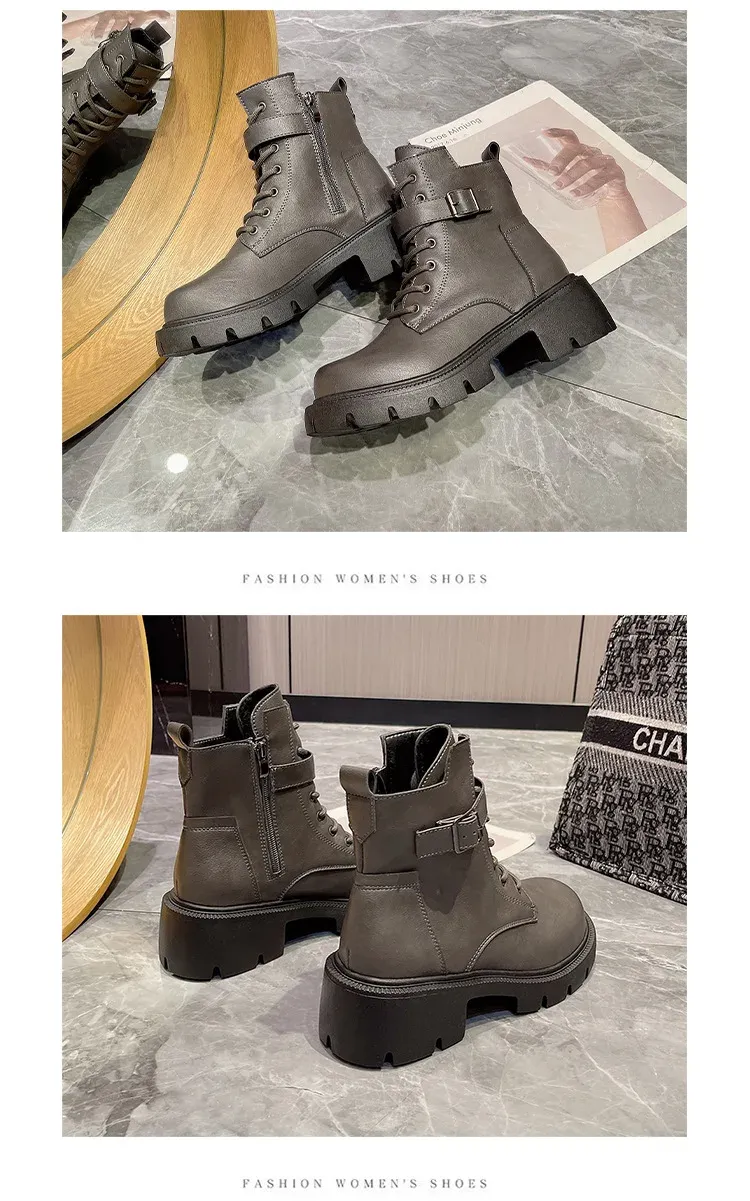 Botas cortas estilo británico para mujer, nuevas, de otoño/invierno, con cordones y cremallera, estilo motociclista, estilo retro, talla 43_voghion.com