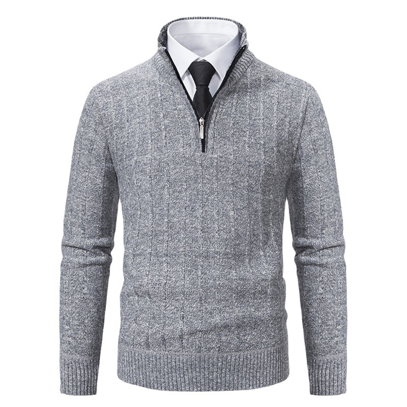 FCO MALL Cozy Polyester Sweater Men Solid Color Sweater Men's Winter Sweater with Zipper Design and Thick Warmth Perfect387