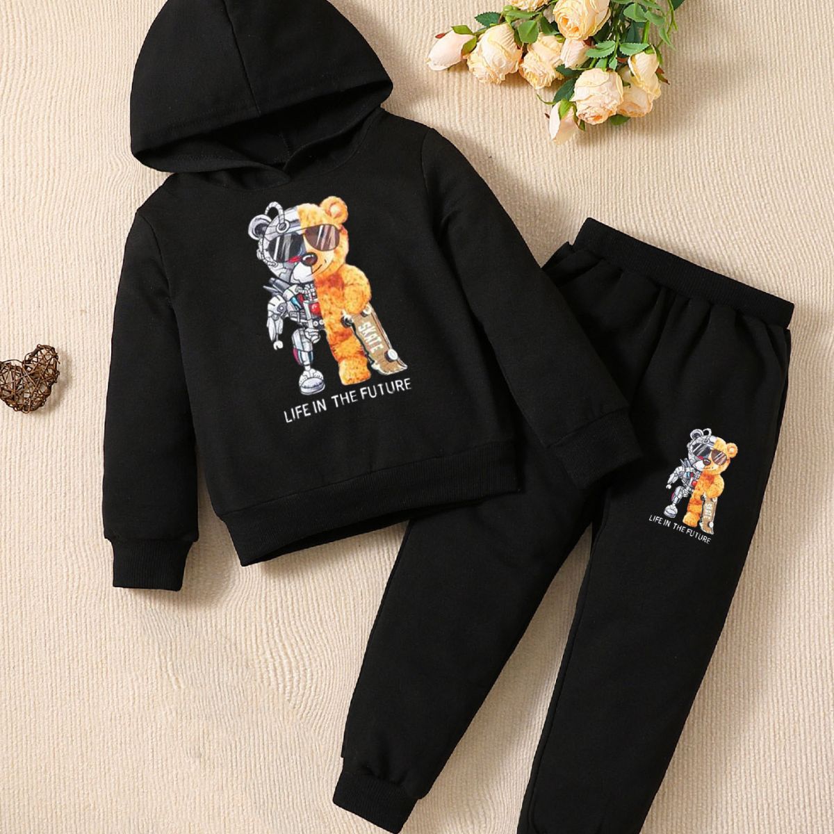 Mother&Kids Fashion trend Mechanical Bear print set hoodie two-piece hoodie