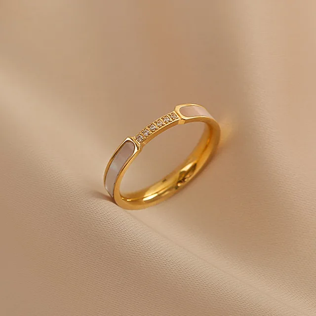 Vendite calde ANENJERY 316L Acciaio inossidabile Zircone Shell per le donne Semplice dito indice Anello color oro Festa Regalo di nozze_voghion.com