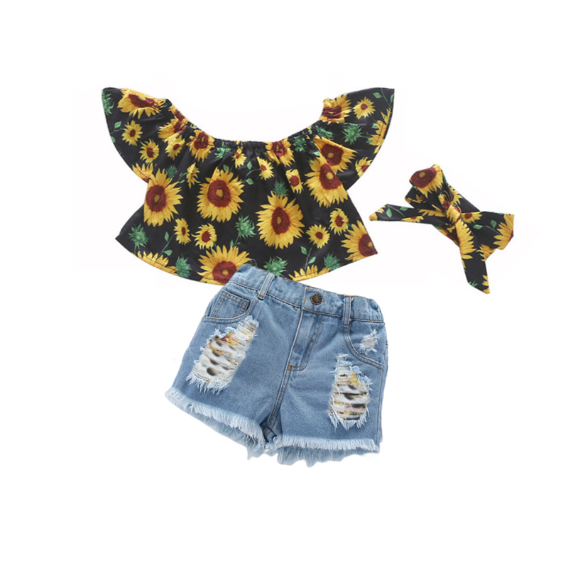 Madre e Bambini Camicia estiva con stampa a spalla singola e bambina, set di pantaloncini di jeans strappati, set di tre pezzi a maniche corte tesoro femminile_voghion.com