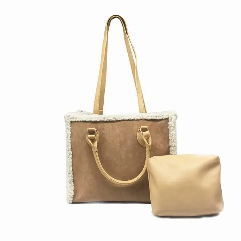 Sac à main en laine d'agneau avec pochette, design de niche, texture sensée, grande capacité, en peluche, sac à bandoulière simple, mode décontractée_voghion.com