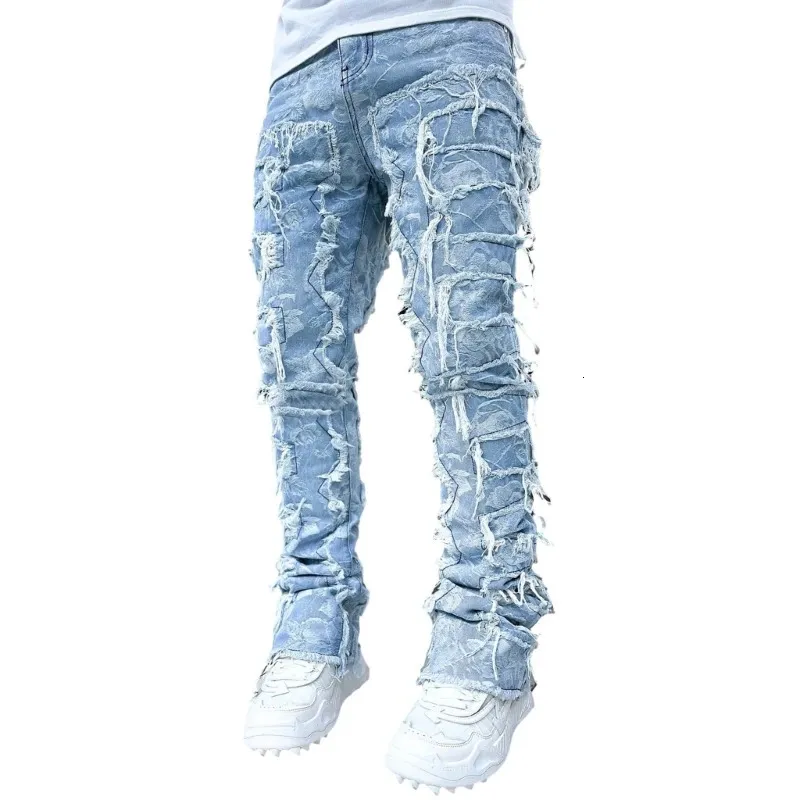 E15E Herren Stacked Jeans Fit Zerrissene Destroyed Gerade Jeanshose Vintage Hip Hop Hose Streetwear 240415_voghion.com