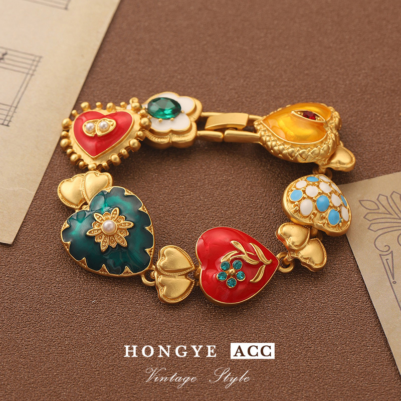 Bracelet de Style palais en Relief, Art coloré rétro, fleur, cœur de pêche, goutte d'huile d'âge moyen, petit et haut_voghion.com