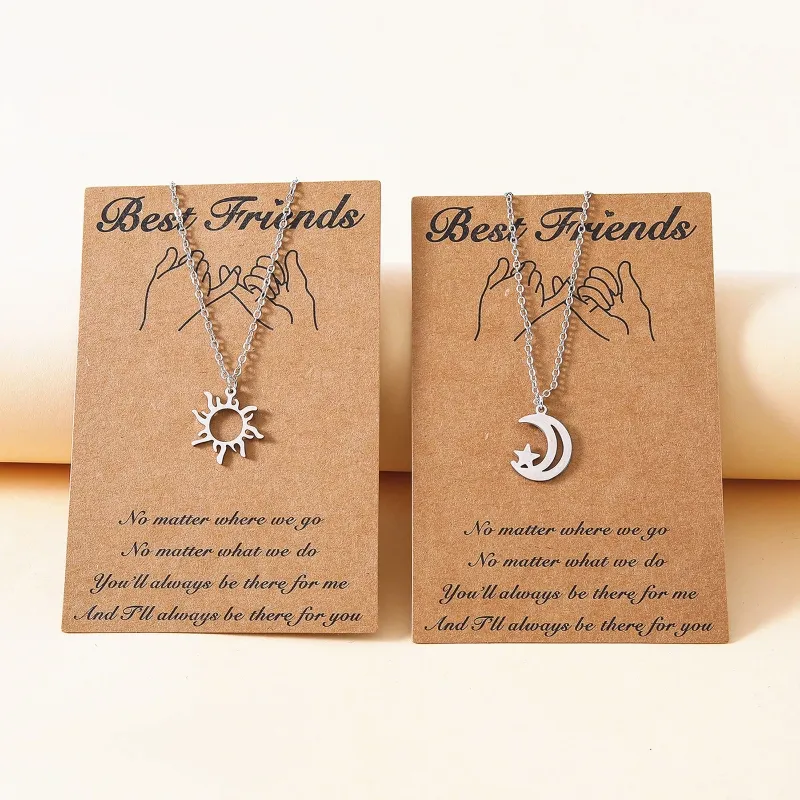 Collane con ciondolo 2 pezzi alla moda in acciaio inossidabile per sole e luna con collana elegante in cartone per donne e ragazze_voghion.com