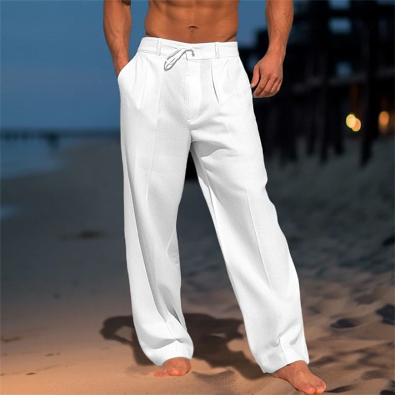 Sommer-Strandhose Herren aus Leinen, Vordertasche, einfarbig, bequem, atmungsaktiv, lässig, Basic-Stil für den täglichen_voghion.com