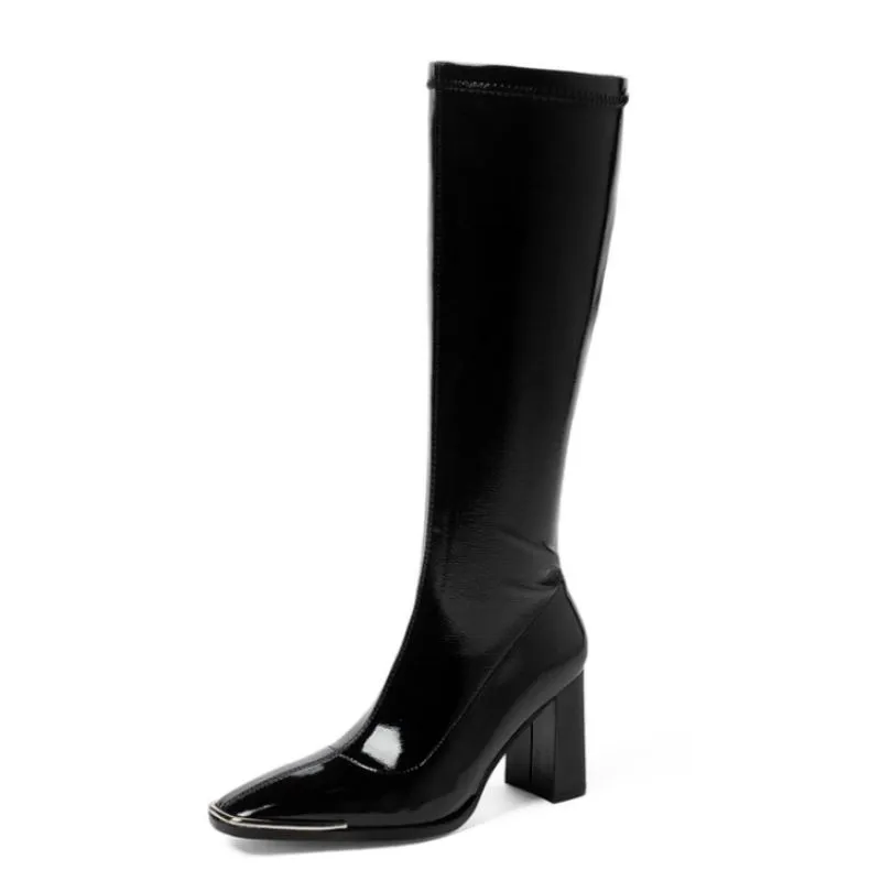 Scarpe da donna con tacco alto e punta quadrata alla moda al ginocchio, con cerniera, stivali lunghi caldi, calzature da ufficio, taglia 34-39_voghion.com