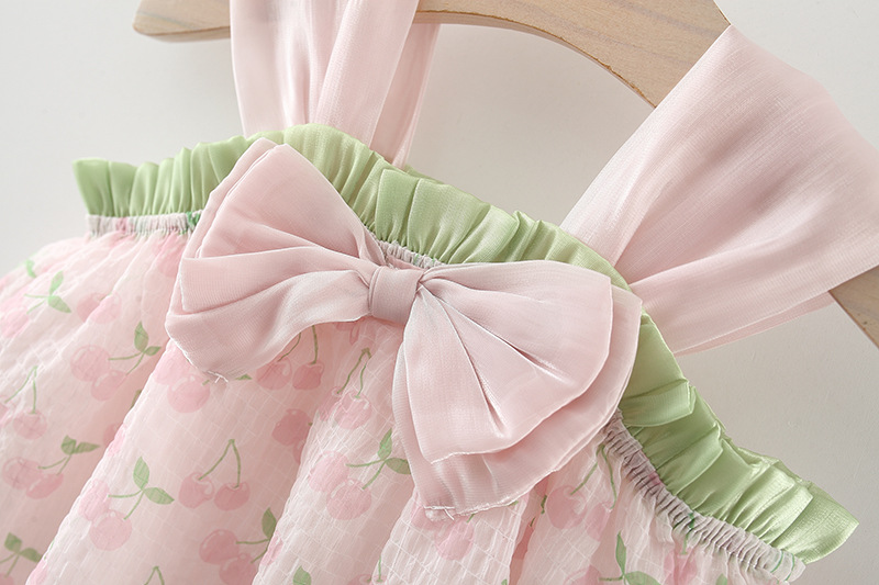 New Girls' Summer Dress Halter Pompadour Skirt Bow Cherry Cherry Lady Style Princess Dress Birthday Party Sleeveless Dress (Girls 0-3 Years Old)_voghion.com