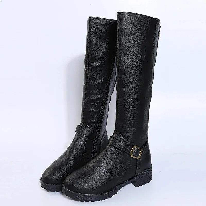 Retro Brown Knee High Large-sized Low Platform Long Autumn Pu Leather Zipper Womens Warm Boots 240911_voghion.com