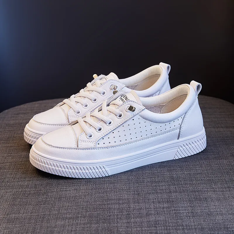 Genuine Leather Flat Bottomed Lightweight Small White With Mesh For Breathability Comfort Casual Board Shoes_voghion.com