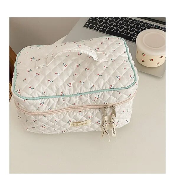 Niedliche Quilting Baumwolle Make-Up Tasche Frauen Reißverschluss Kosmetik Organizer Weibliche Tuch Handtasche Box Form Tragbarer Kulturbeutel Für Mädchen_voghion.com