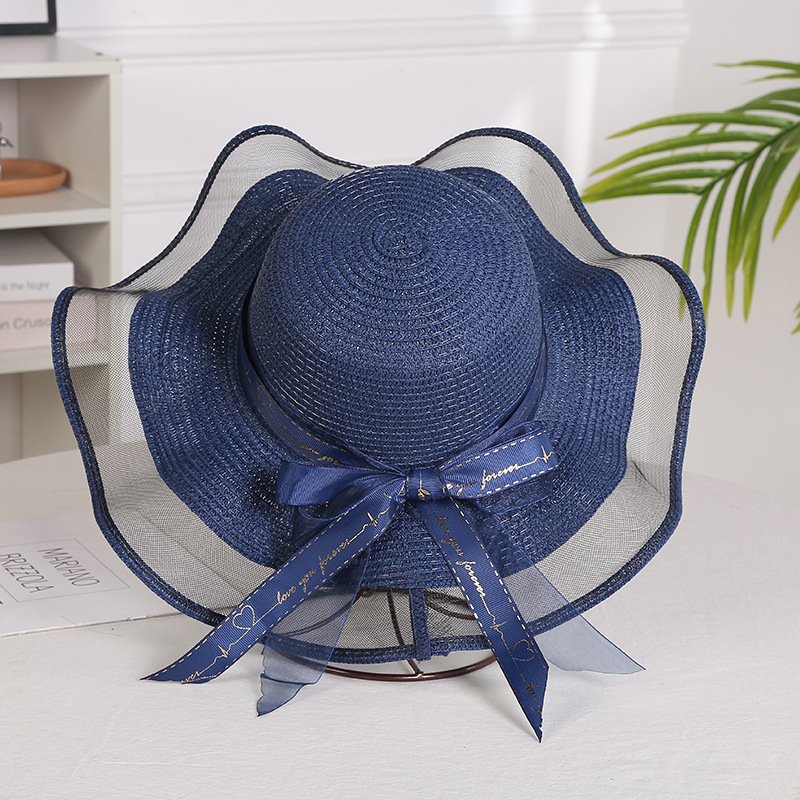 Hats for women, summer mesh straw large brimmed foldable sunshade hats, bow beach hats_voghion.com