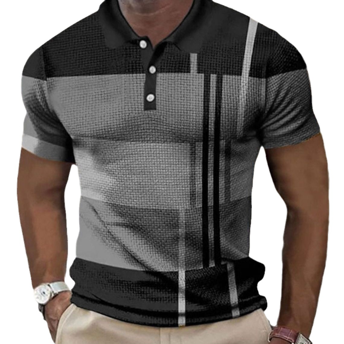 Herrenbekleidung Poloshirt Waffelstreifenmuster Druckmuster Geometrisches Muster 3D-Digitaldruck_voghion.com