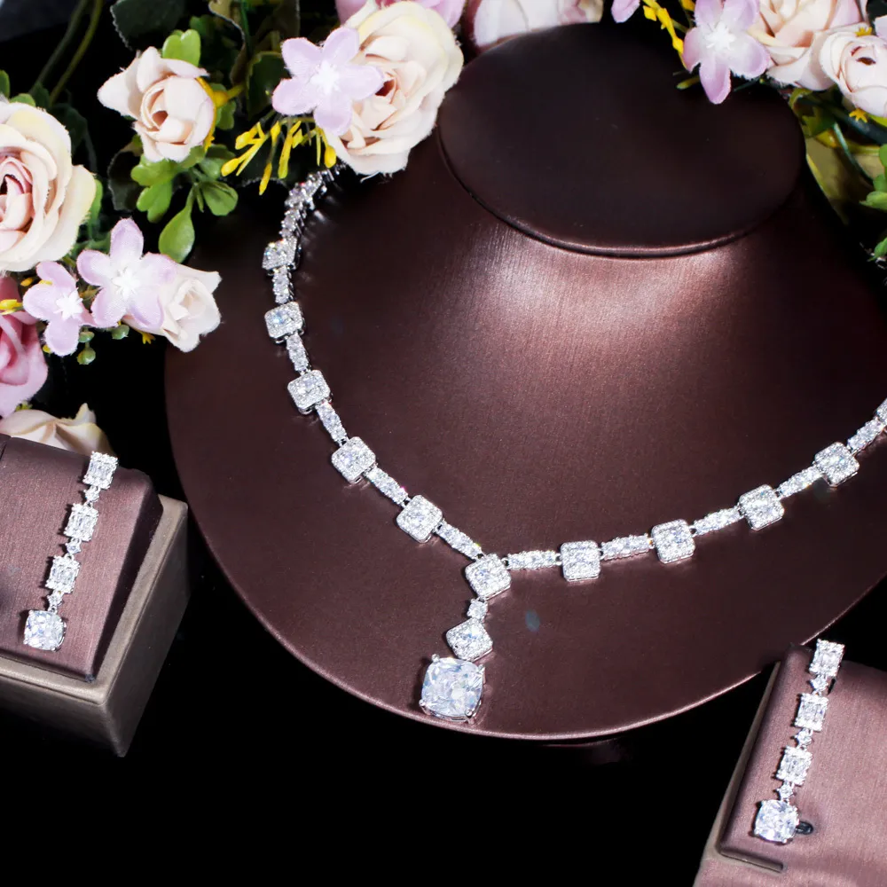 ThreeGraces Elegant Gul CZ Krystal Sier Farve Store Firkantede Dråbeøreringe Halskæde Bryllupsfest Smykkesæt til Kvinder_voghion.com