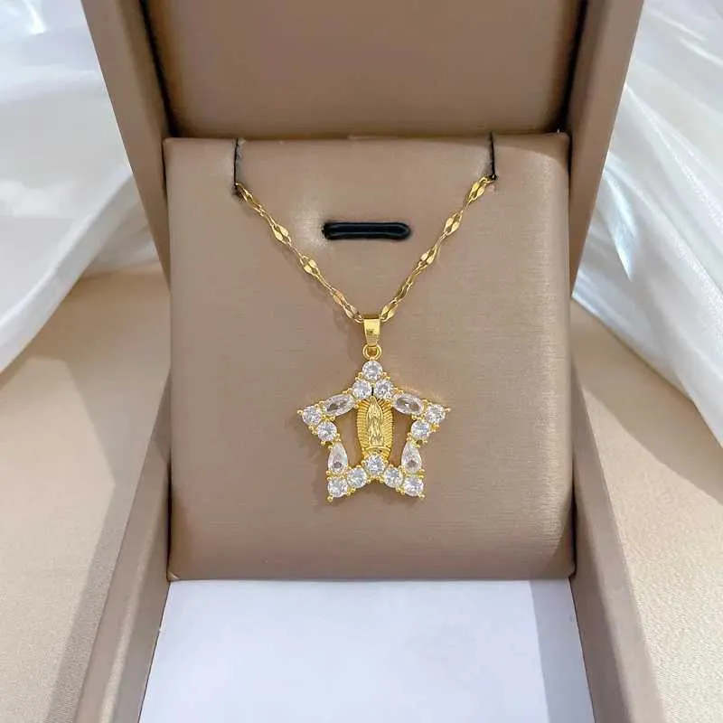 Obesek za ogrlice Modna Devica Marija Pentagram Svetloba Razkošna Temperament Čudovita Polna Diamantna Ogrlica Ženske_voghion.com