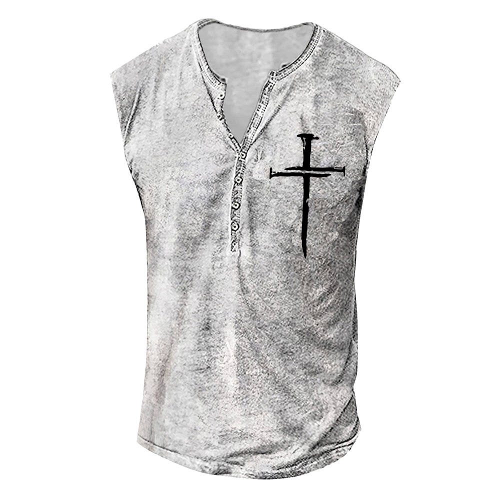 Youth Men's Cross Print Collarless Casual Tank Top Large Men's Vest_voghion.com